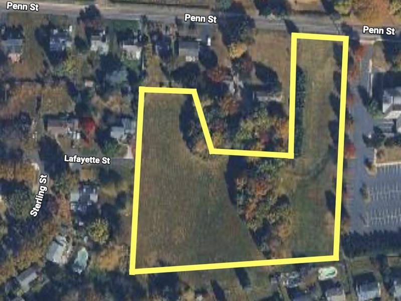Aerial map of the Lafayette One site, outlined in yellow, between Penn St and the end of Lafayette St